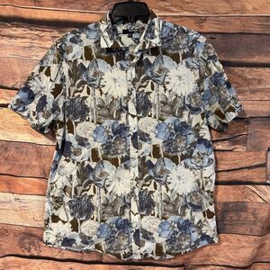 Murano Mens XL Blue Brown White Floral Print Short Sleeve Button Up Shirt Slim